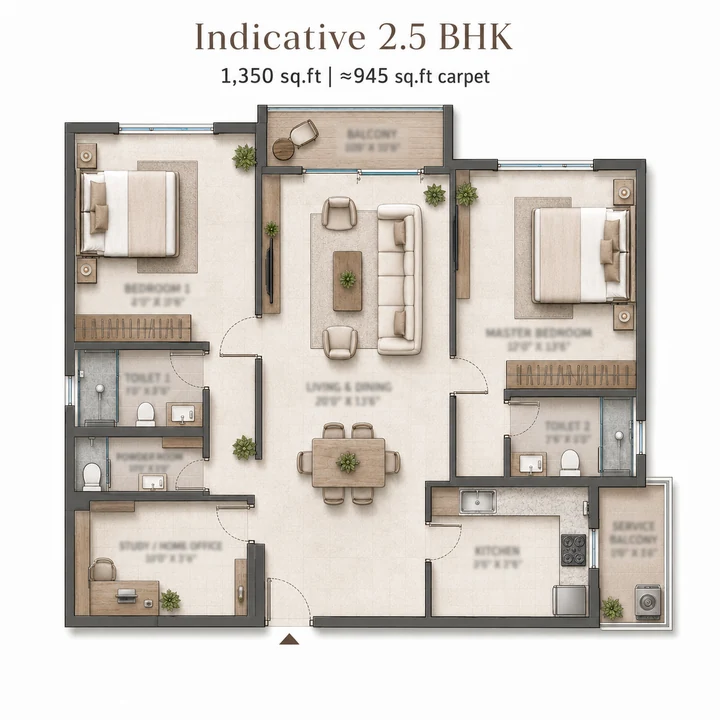 SOBHA Hennur–Bagalur — Indicative 2.5 BHK — 1,350 sq.ft floor plan