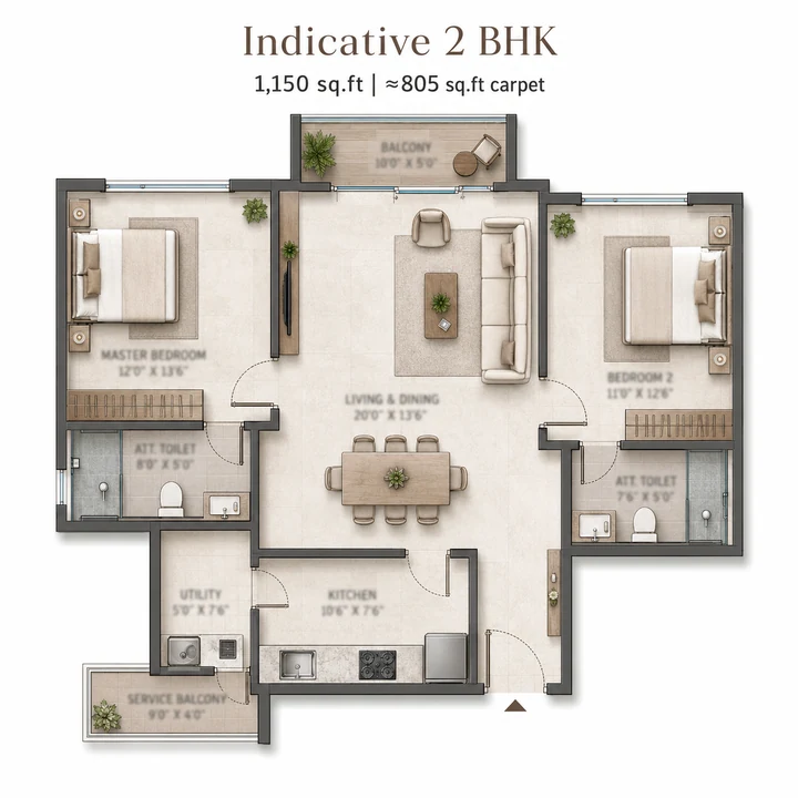 SOBHA Hennur–Bagalur — Indicative 2 BHK — 1,150 sq.ft floor plan