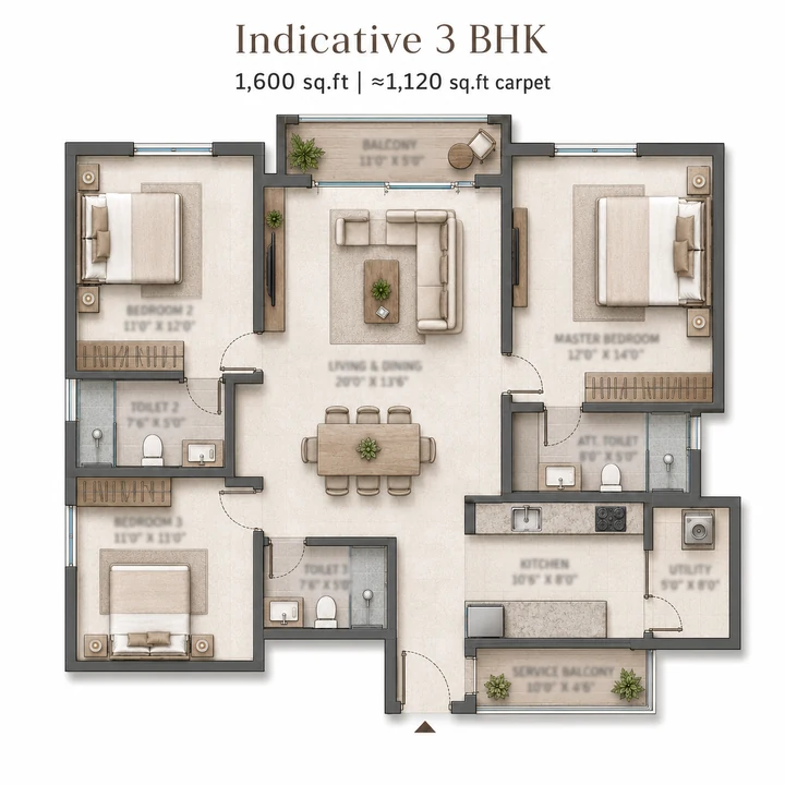 SOBHA Hennur–Bagalur — Indicative 3 BHK — 1,600 sq.ft floor plan