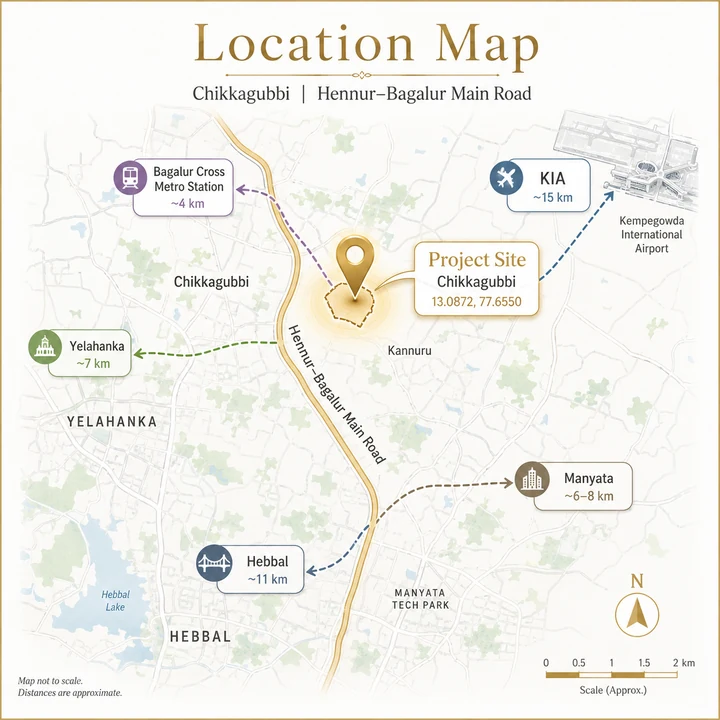 SOBHA Hennur–Bagalur — Chikkagubbi location map with Bagalur Cross metro, KIA, Manyata and Hebbal